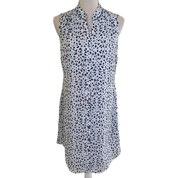 CAbi "Camilla" White with Blue and Brown Leopard Print Shirt Dress #5233 - Picture 1 of 10